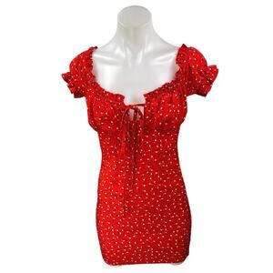 Polly Red Floral Short Puff Sleeve Tie Front Ruffle Mini Bodycon Dress Size 6